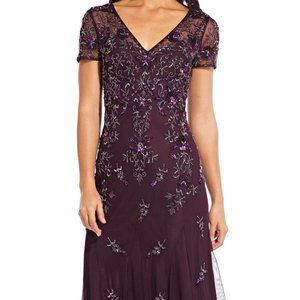 Floral Beaded Godet Gown with Sheer Short Sleeves